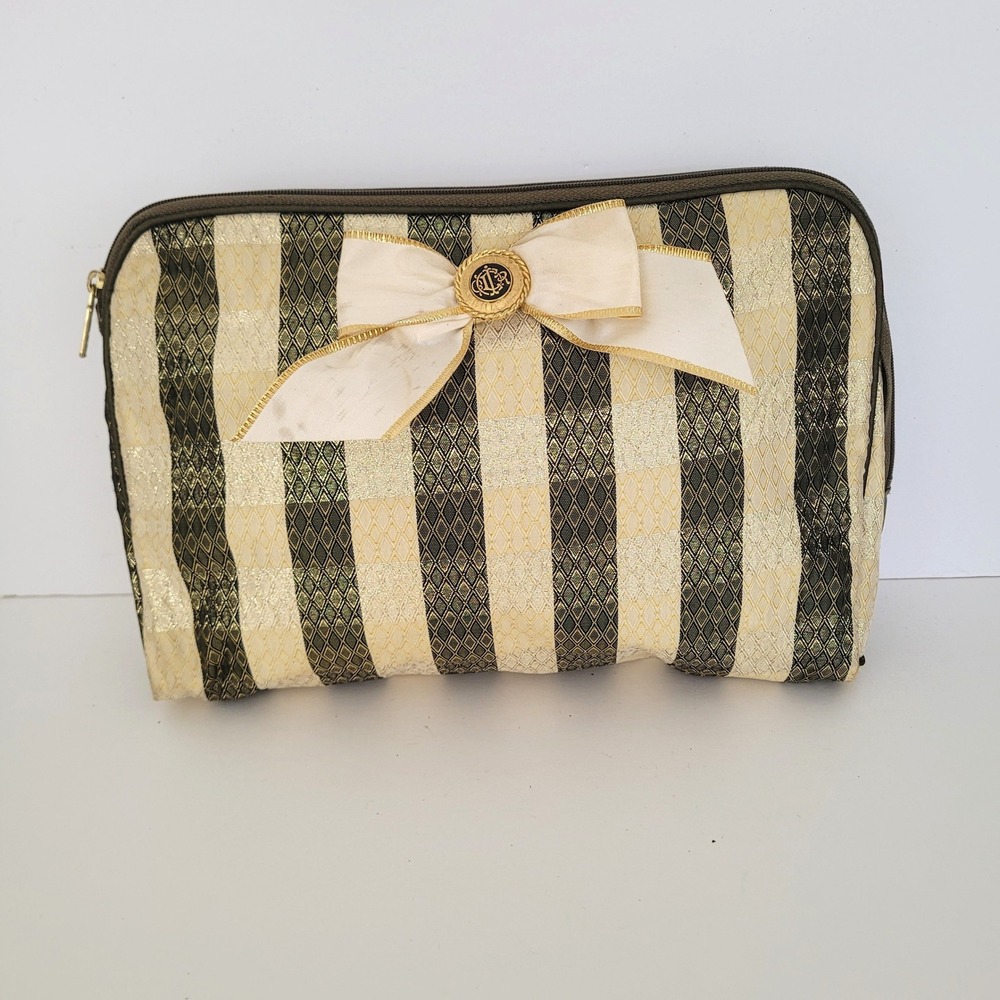 Christian Dior Vintage Cosmetic Bag Striped Brocade Gold Green Bow Logo‎ Pouch